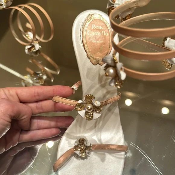 Rene Caovilla Karung Rose Gold Flower Ankle Wrap Heels - Picture 8 of 11